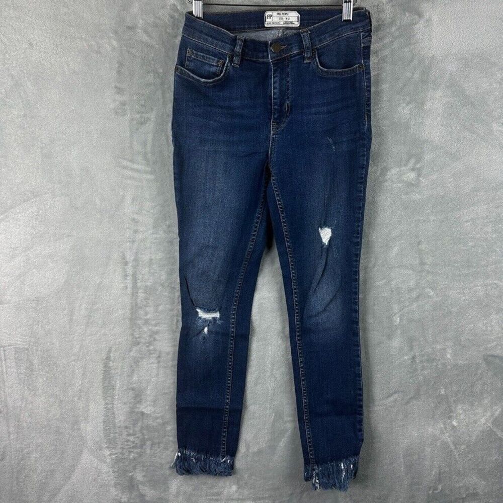free people skinny frayed jeans blue denim size 27
